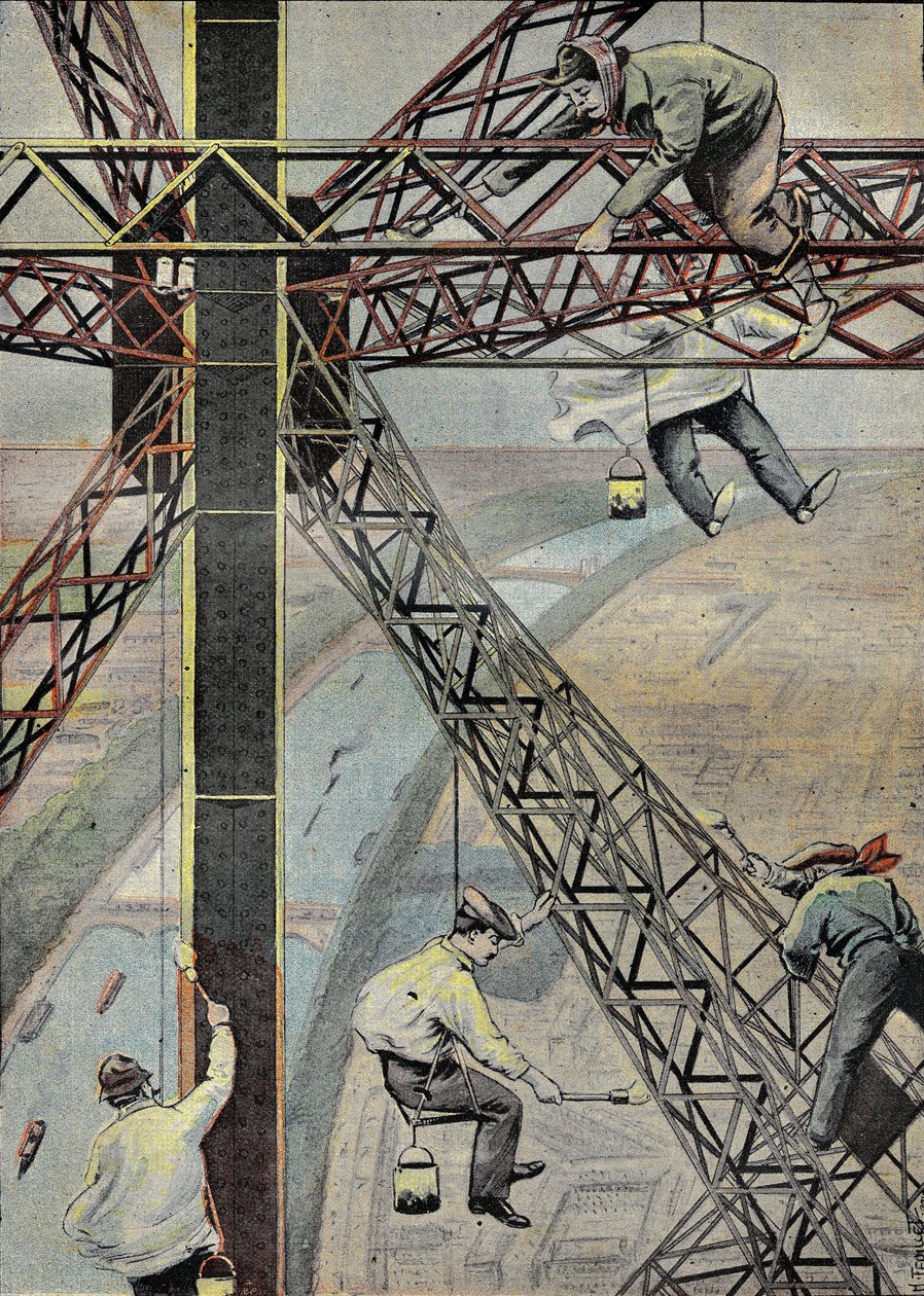 Festők dolgoznak, 200 méterrel Párizs felett, az Eiffel-torony festésére 1899-ben. Metszet a „” Le Pelerin”-ben” 1899.07.16. alkotó: French School