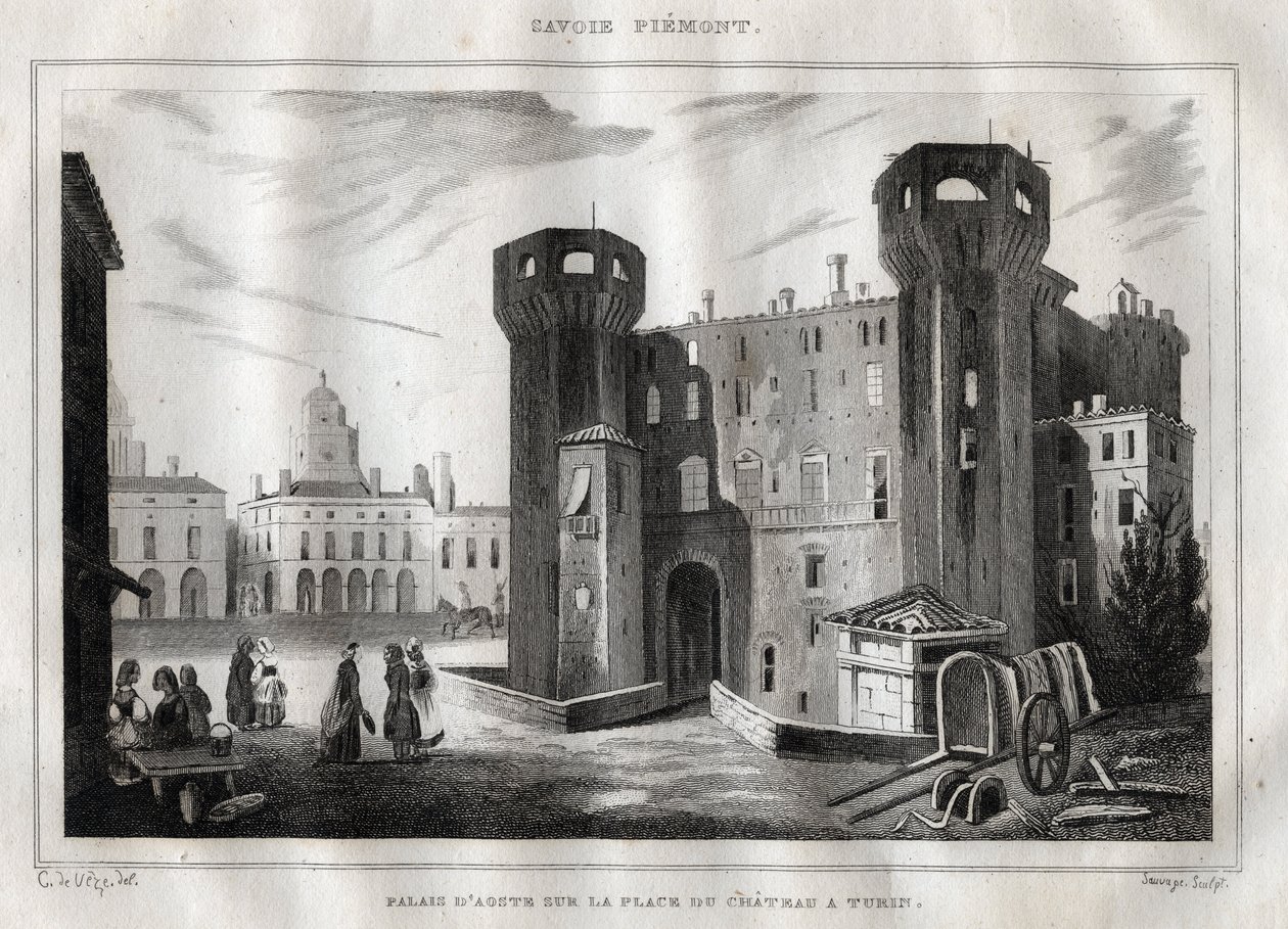 Az aostai palota a torinói Place du Chateau-n - Metszet a „festői” Olaszországból” – Olaszország történelmi és leíró festménye”, M. de Norvins, Ch. Nodier 1834-1836. alkotó: French School
