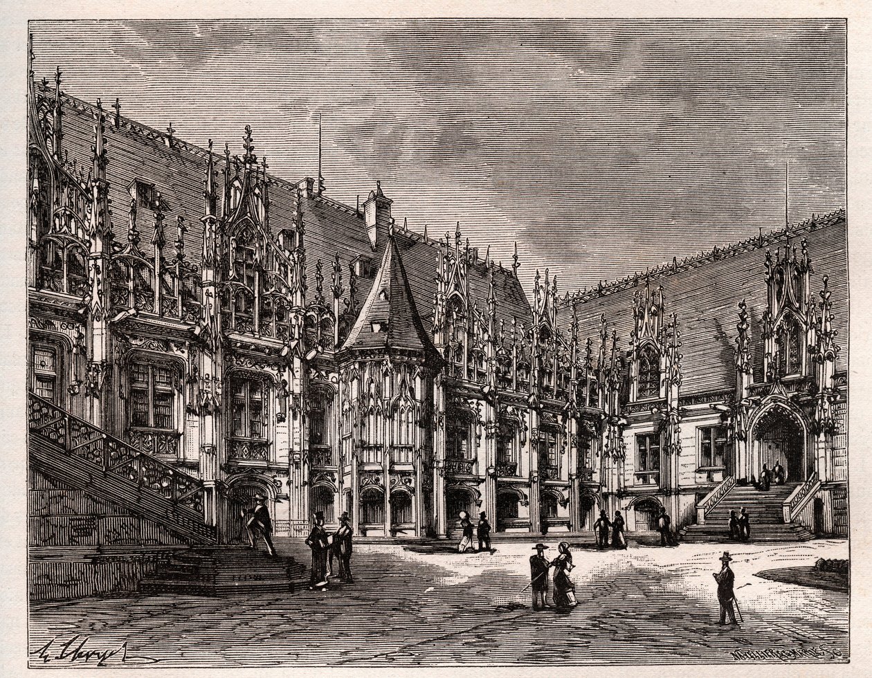 Palais de justice de Rouen volt normandiai parlament – „France illustree: Geography, History, Statistical Administration” metszet, V.A. Maláta-barna. 1884 alkotó: French School