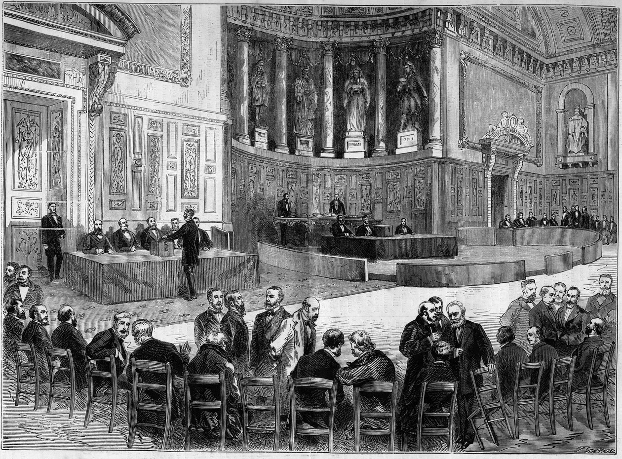 Palais du Luxembourg Párizsban: január 30-i választás a Szajna megye szenátorainak megválasztására. Az egyik kezében álló széket Victor Hugo (1802-1885) politikusként ismerik fel. Metszet „” L