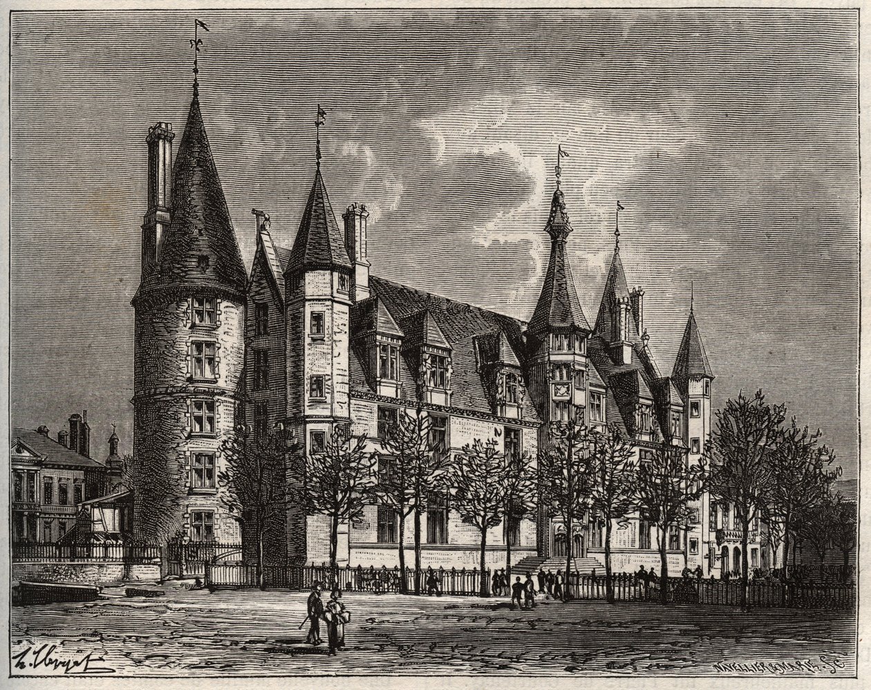 Palais ducal de Nevers - Chateau du 15. - 16. század - metszet a "La France illustree: földrajz, történelem, statisztikai igazgatás" V.-A. Maláta-barna. 1884 alkotó: French School