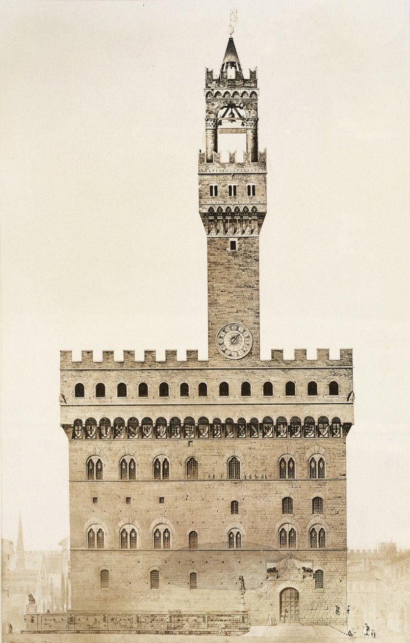 Palazzo Vecchio, vagy a Palazzo della Signoria, Firenze, a Fragments dArchitecture du Moyen Age et de la Renaissance című művéből, Jules Adolphe Chauvet (szül. 1828) metszete alkotó: French School