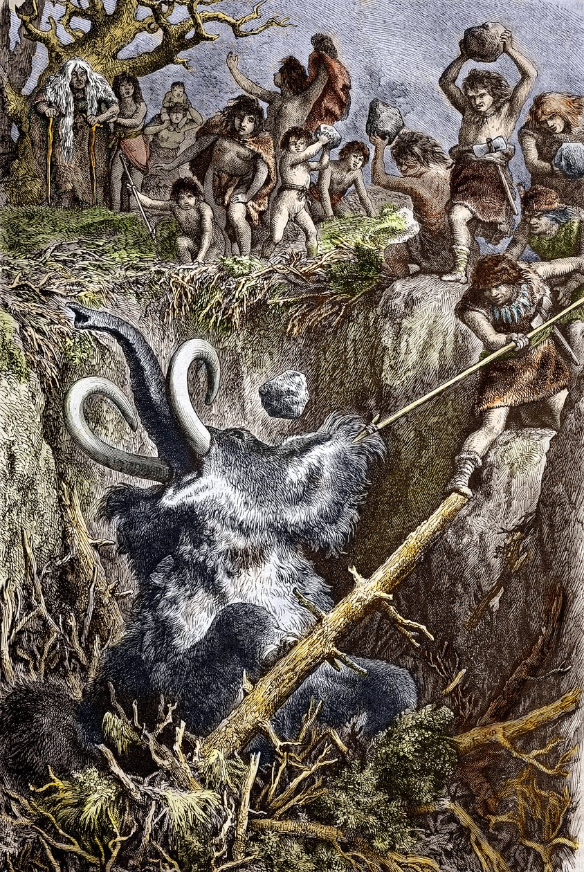 Paleolitikum: mamutvadászat jelenet, ősemberek törzse kövekkel dobálja a gödörbe zuhanó mamutot (paleolitikum: gödörbe estek a mamutra vadászó európai barlanglakók) 19. századi metszet Magángyűjtemény alkotó: French School