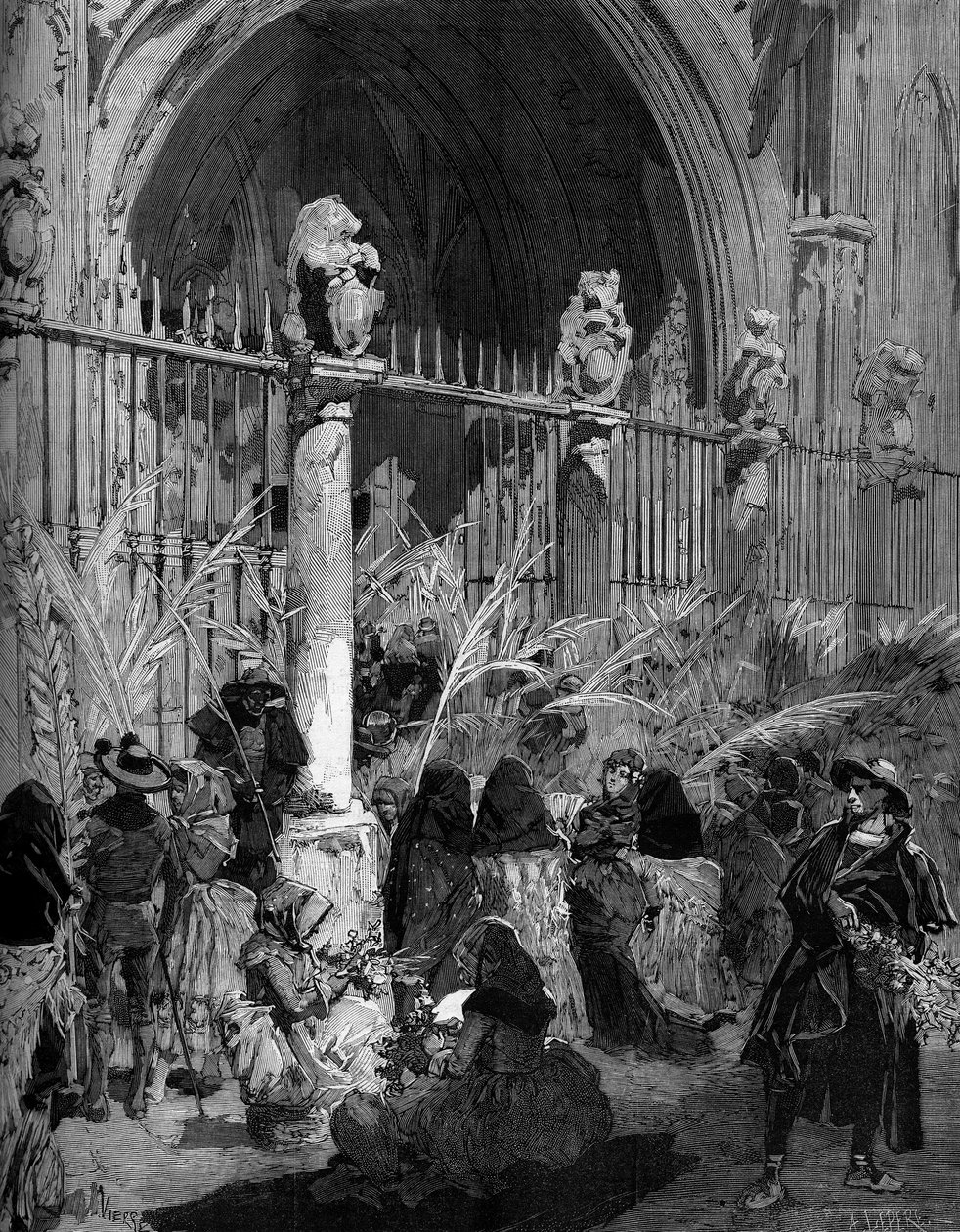 Virágvasárnap Spanyolországban: benit pálmafák eladása a toledói katedrális előtt. Szűz metszet az 1880. március 27-i 1200. sz. „” The Illustrous World” című művében. alkotó: French School