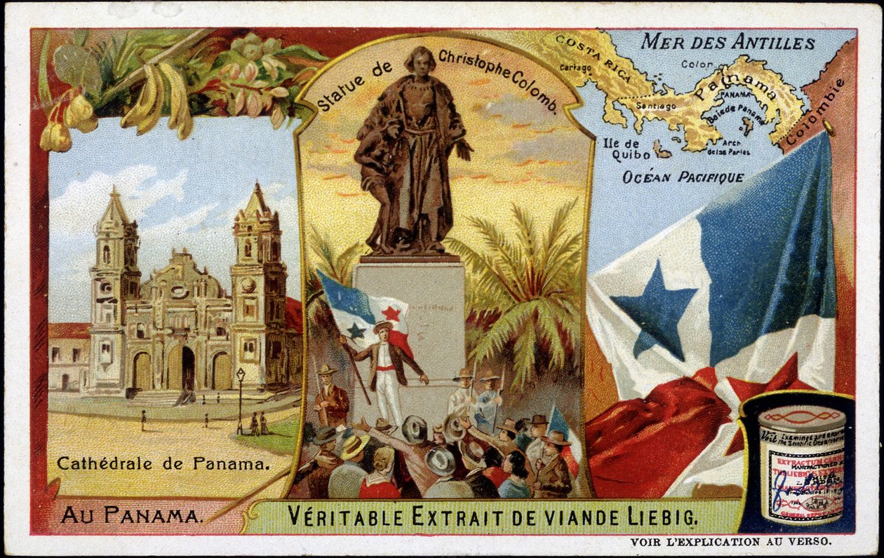 Panama: a katedrális, Kolumbusz szobra, zászló - chromo. alkotó: French School