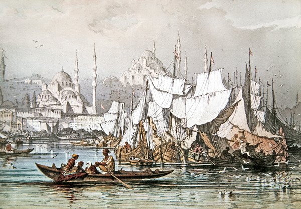 Hajózási panoráma a konstantinápolyi kikötőben a Kék Mecsettel és a Haghia Szophia-val alkotó: French School