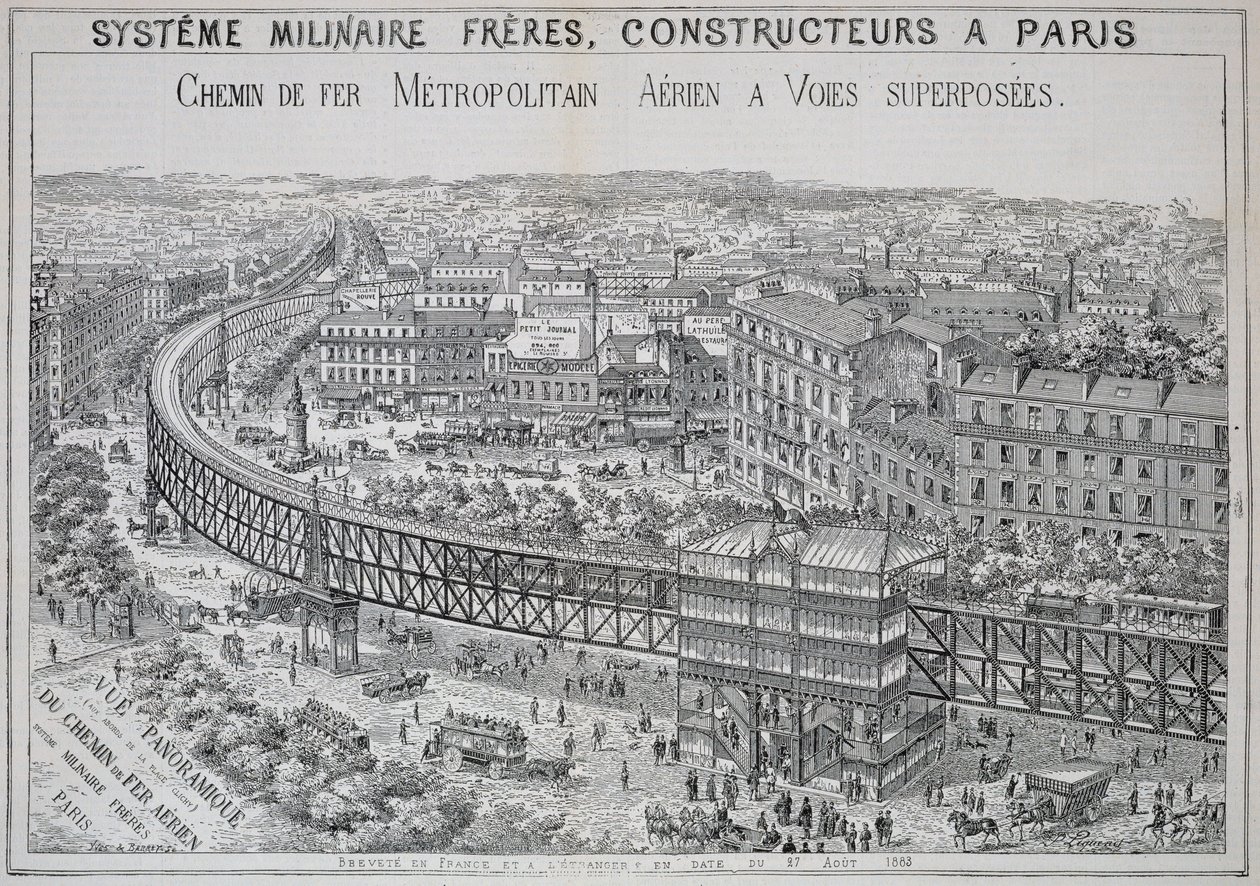 Panorámás kilátás a párizsi föld feletti metróra, illusztráció a Le Metropolitainből, 1885. május alkotó: French School