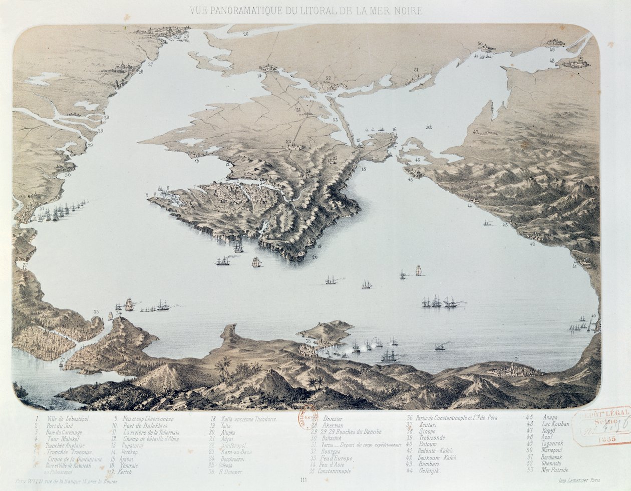 Panorámás kilátás és terve Szevasztopol és a Fekete-tenger partja a krími háború idején, 1855 alkotó: French School