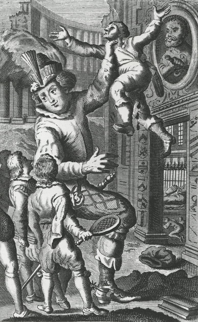 Pantagruel torkon ragadja Limousint, illusztráció a „Gargantua és Pantagruel”-ből, François Rabelais (metszet) alkotó: French School