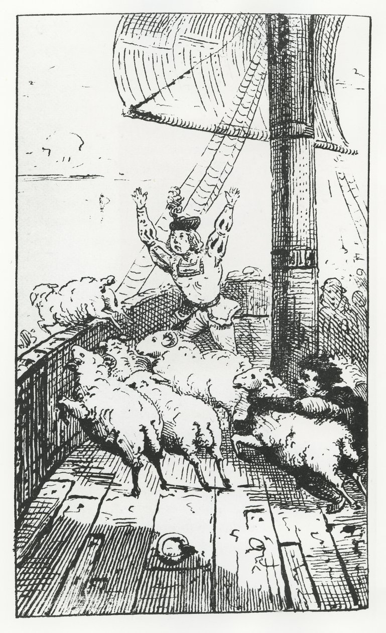 Panurge báránya, illusztráció a „Gargantua és Pantagruel”-ből, François Rabelais (metszet) alkotó: French School