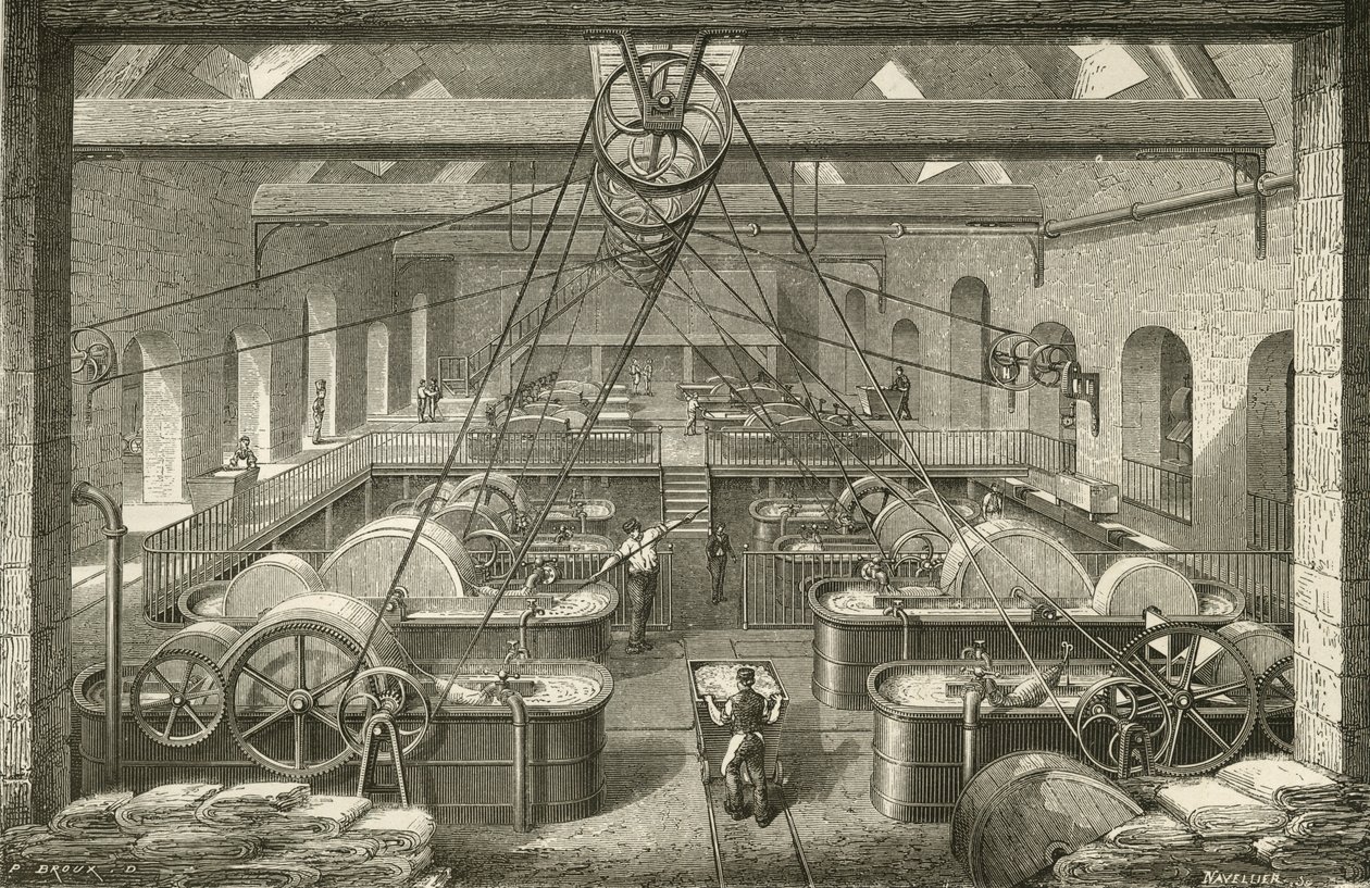 Papírkészítés: rongypép fehérítése. Metszet c1870. alkotó: French School