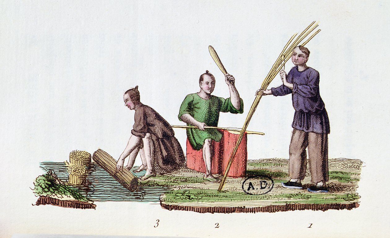 Papírgyártás bambuszból, a La Chine en Miniaturestől, M. Bretontól, megjelent Párizsban, 1811 alkotó: French School
