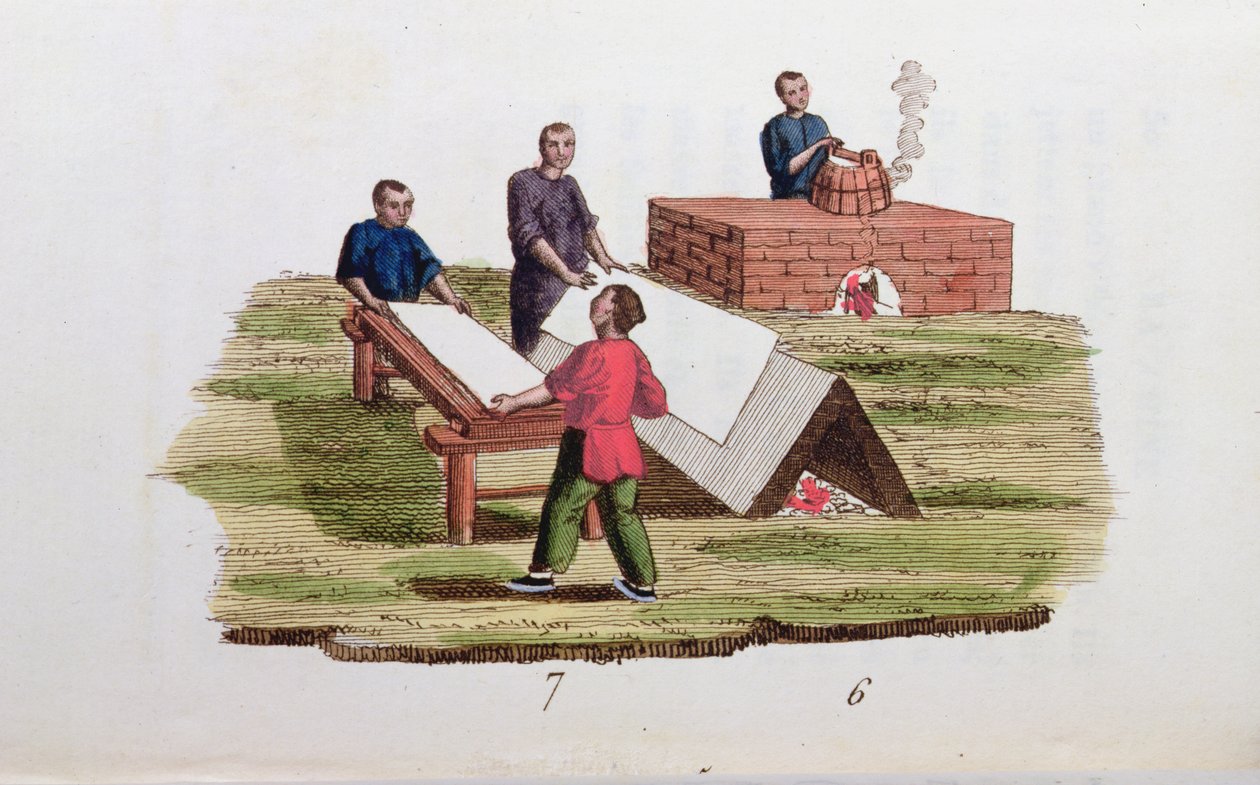 Papírgyártás bambuszból, a La Chine en Miniaturestől, M. Bretontól, megjelent Párizsban, 1811 alkotó: French School