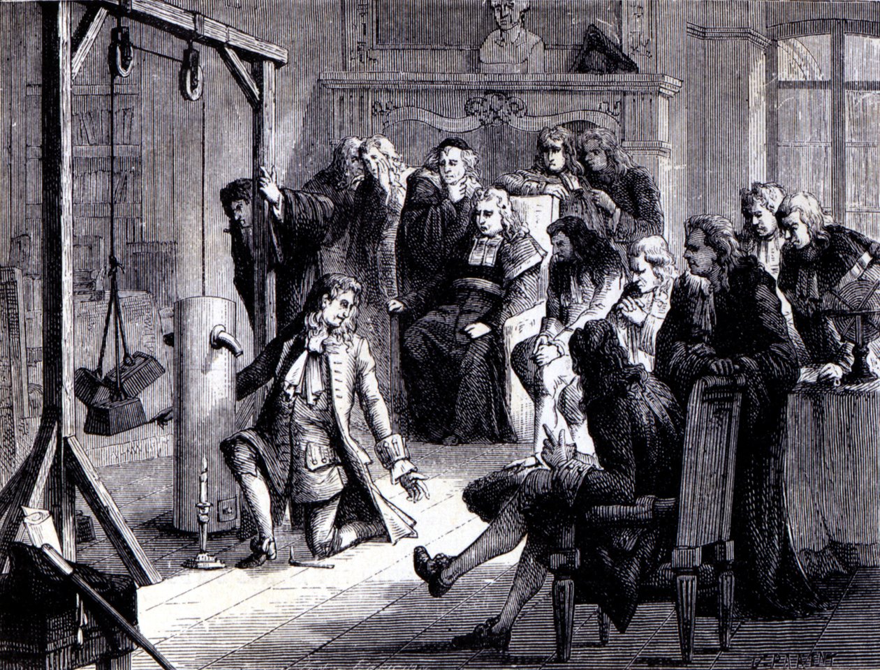 Papin (1647 - 1714) a marburgi egyetem professzorai előtt kísérletezik porgépével – a „Tudomány albumában; jeles tudósok; Nagy felfedezések””” 1896. alkotó: French School