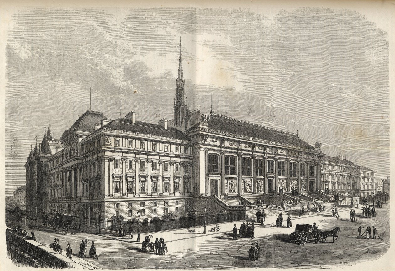Párizs - a bíróság új homlokzata, amelyet Joseph-Louis Duc (1802-1879) épített - (Nyugati homlokzat, a Rue de Harlay-n) 1869-es metszet alkotó: French School