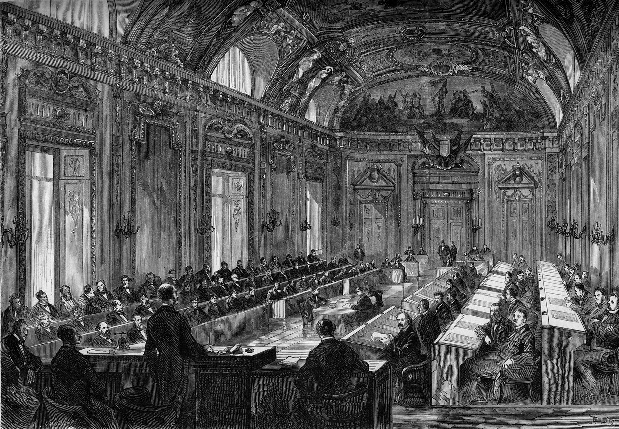Párizs, 1871. augusztus 4.: az önkormányzati tanács első ülése a Palais du Luxembourg tróntermében. Metszet a „” Le Monde Illustré”” 748. számában, 1871. augusztus 12. alkotó: French School