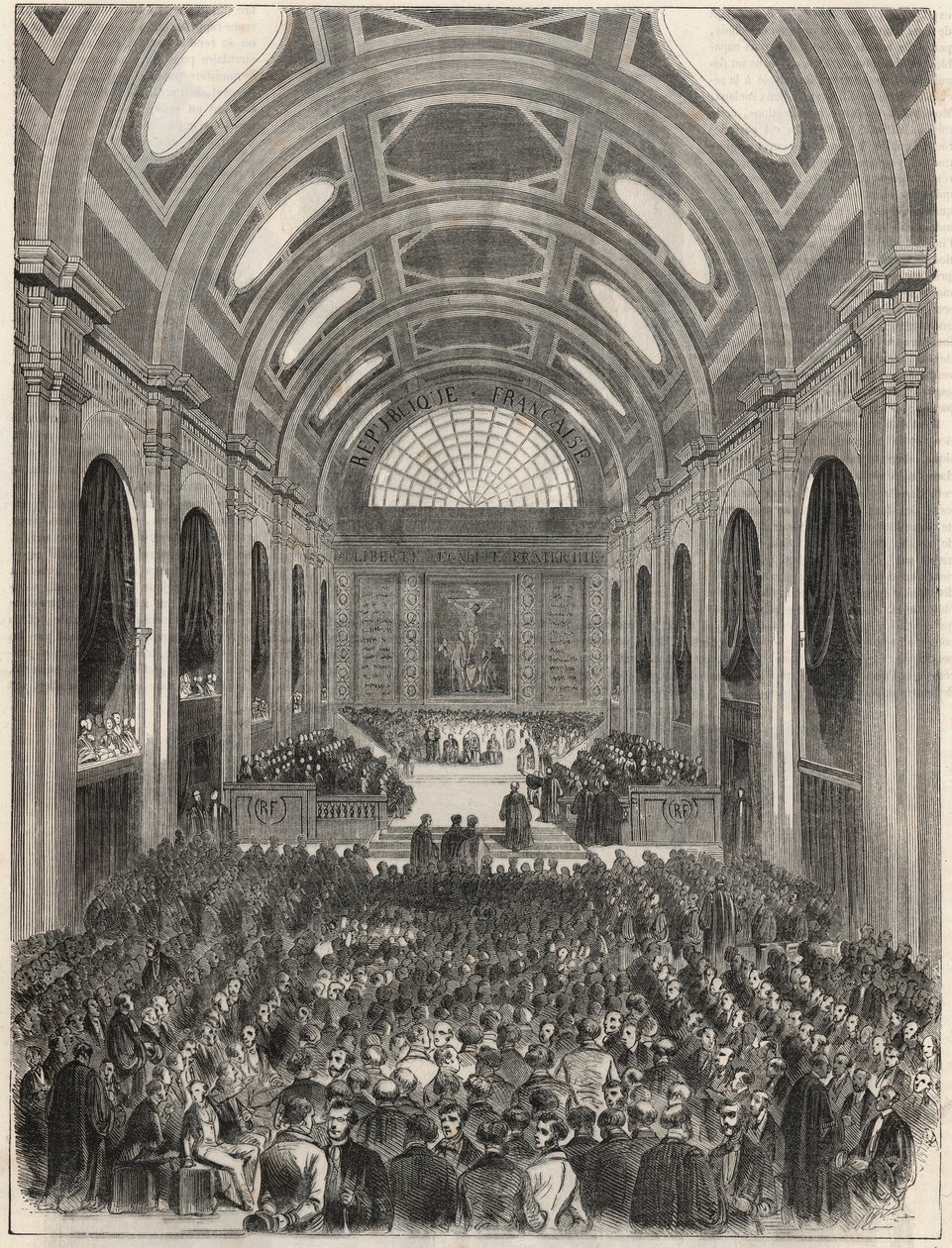 Párizs, Palais de Justice – A Salle des Pas Perdus egy hivatalos szertartás alatt – Edmond Texier 1852-es metszete „Tableau-de-Paris”-ban alkotó: French School