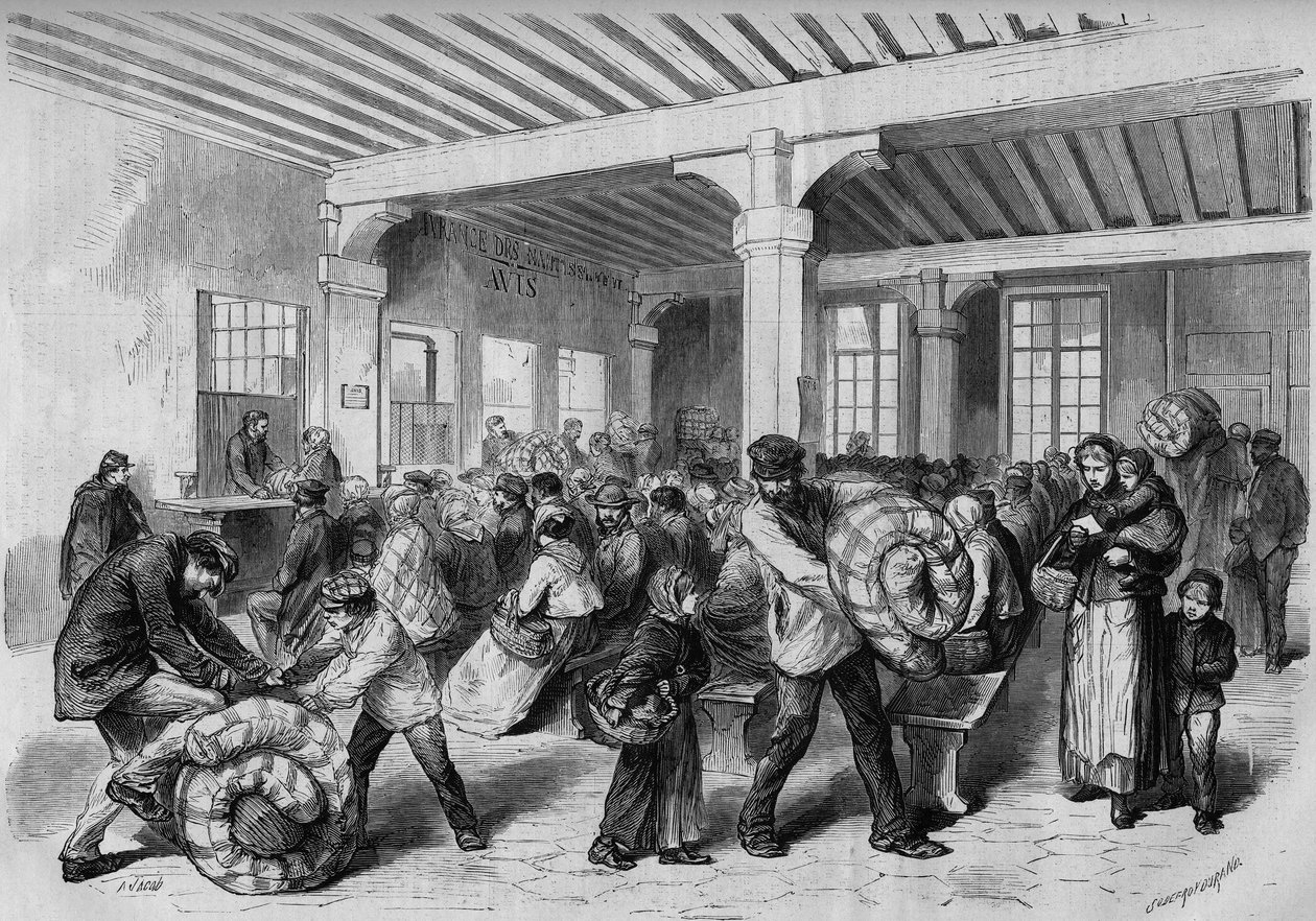Párizs, 1868 tél: a ruhák és az ágyneműk ingyenes elszállítása a Mont de Piete-ben (Mont-de-Piete) III. Napóleon császár pénzügyi segítségének köszönhetően. Metszet a ""Le Monde Illustre"" 563. számában, 1868. január 25-én. alkotó: French School