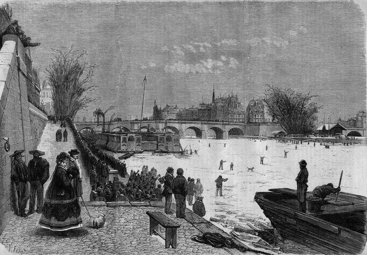 Párizs, 1868 tél: a befagyott Szajna. Kilátás a folyóra a Pont Neuf magaslatáról. Metszet a "Le Monde Illustre"" 561. sz.-ban, 1868. január 11.. alkotó: French School