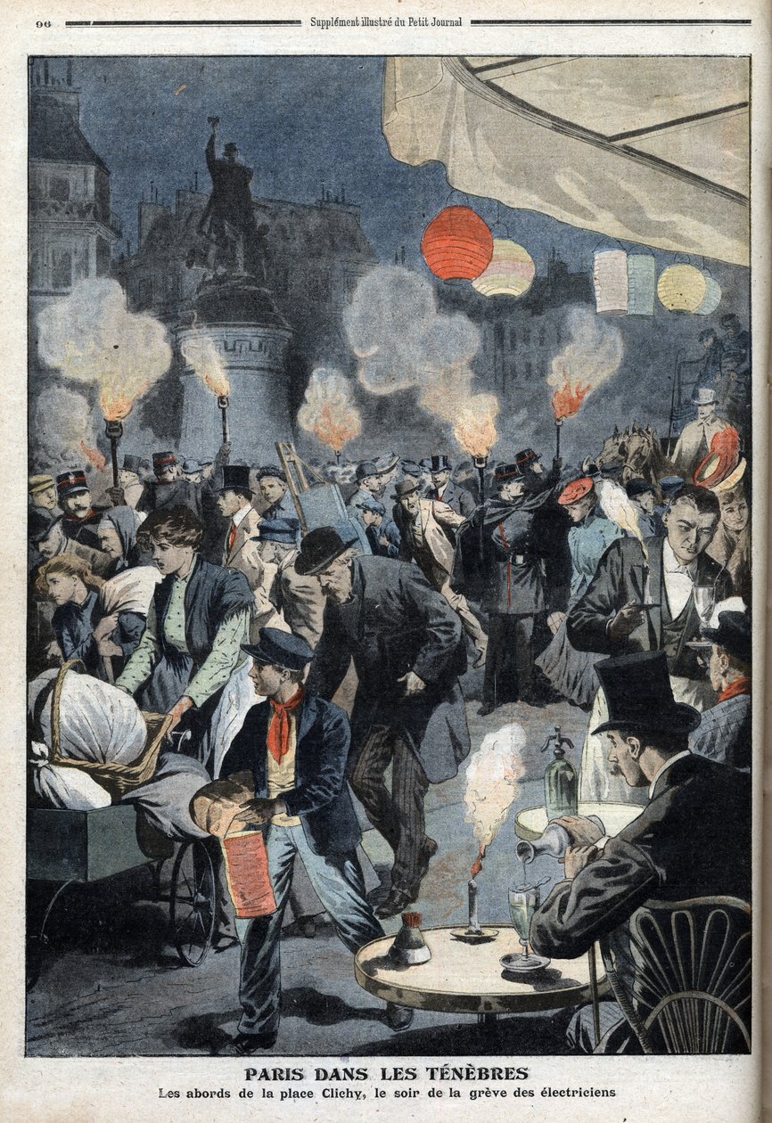 Párizs a sötétben - A Clichy hely környéke, a villanyszerelők sztrájkjának estéje - Le petit Journal, 1907. március (metszet) alkotó: French School