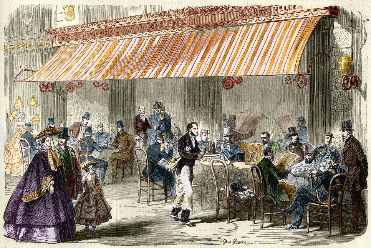 Párizs a 19. században. A boulevard des Italians 1859-ben: a Helder kávézó előtt este öt órakor. alkotó: French School
