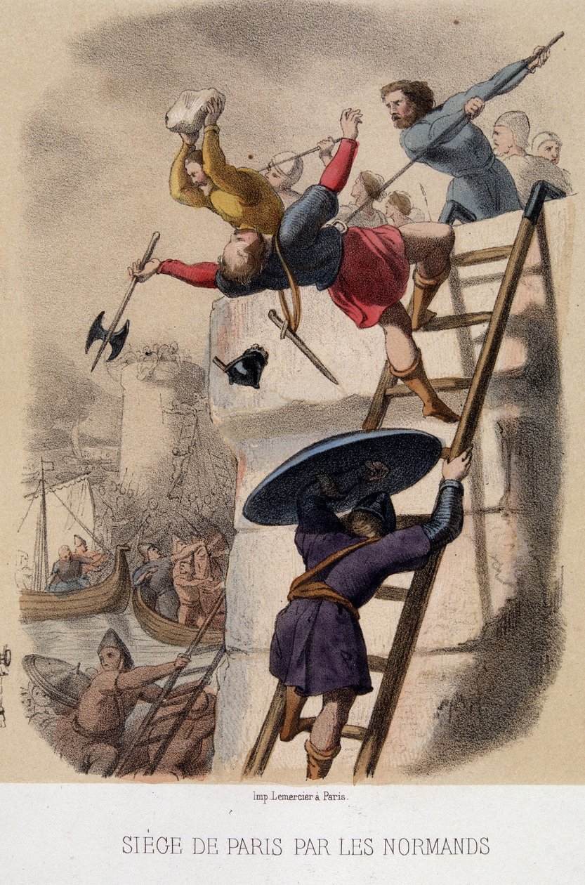 Párizs ostroma a normannok részéről (885) - litográfia, 19. század vége alkotó: French School