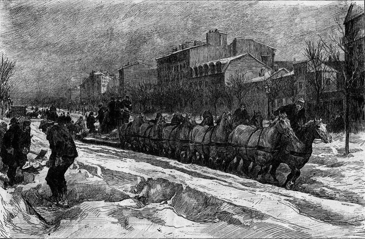Párizs a hó alatt, tél 1879-1880: a Boulevard Montparnasse jégeke (hóvadászat). Metszet a „” Le Monde Illustré”” 1188. számában, január 3 alkotó: French School