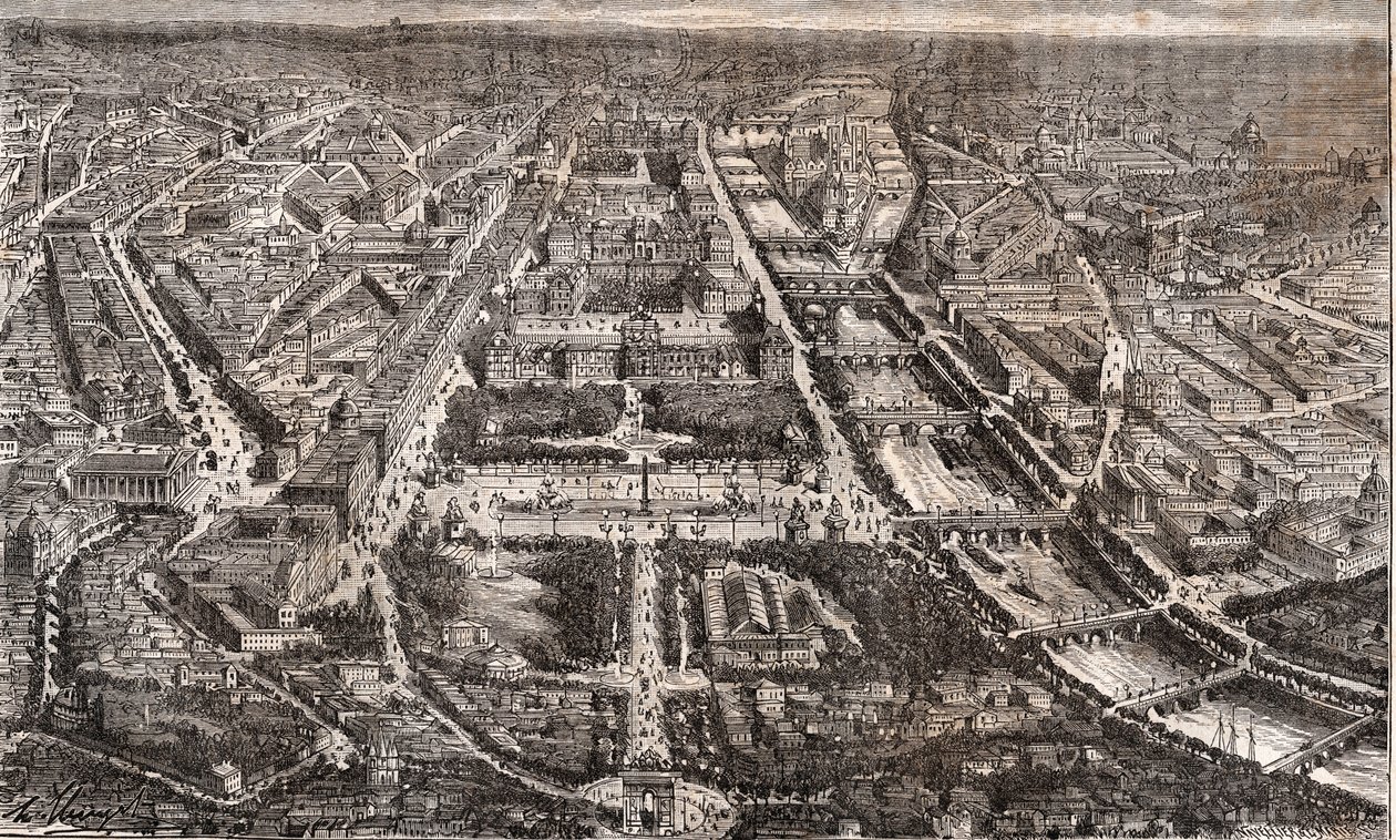 Párizs a Diadalív felől nézve – a Rue de Rivoli és a Szajna felől – V. A. Malt-Brown „La France illustrée: földrajz, történelem, statisztikai igazgatás” című metszet. 1884 alkotó: French School
