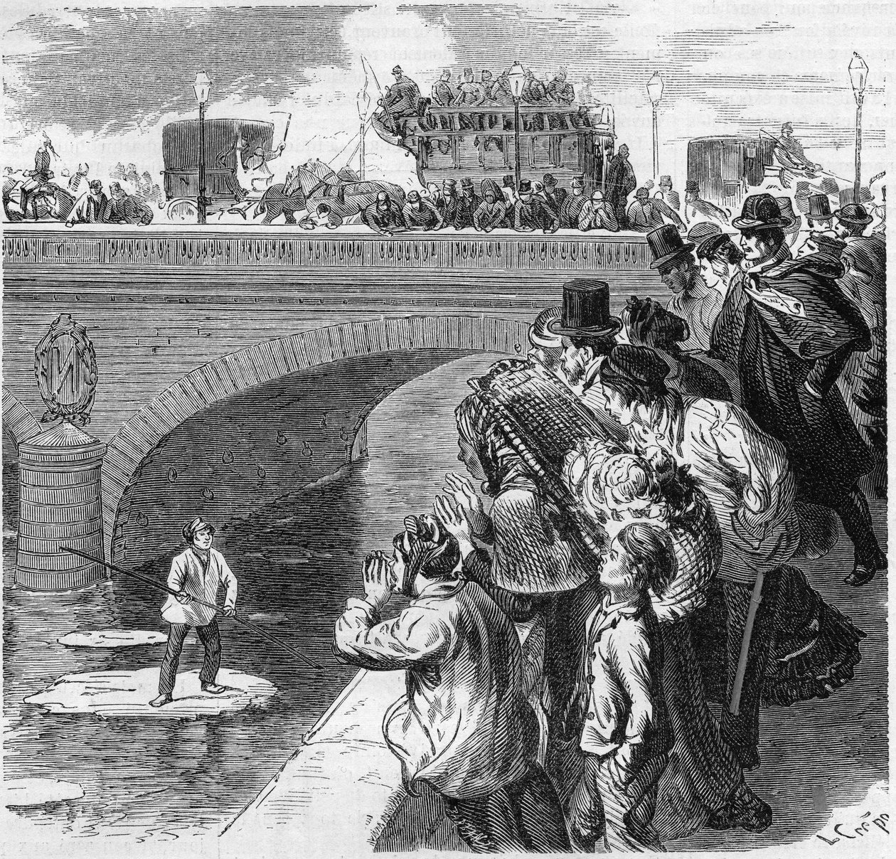Párizs, 1870 tél: egy gyerek felmászik egy glecon a Szajna felé, a Bercy-hídtól a Passy-viaduktig. Metszet a „” Le Monde Illustré”” 672. számában, 1870. február 26. alkotó: French School