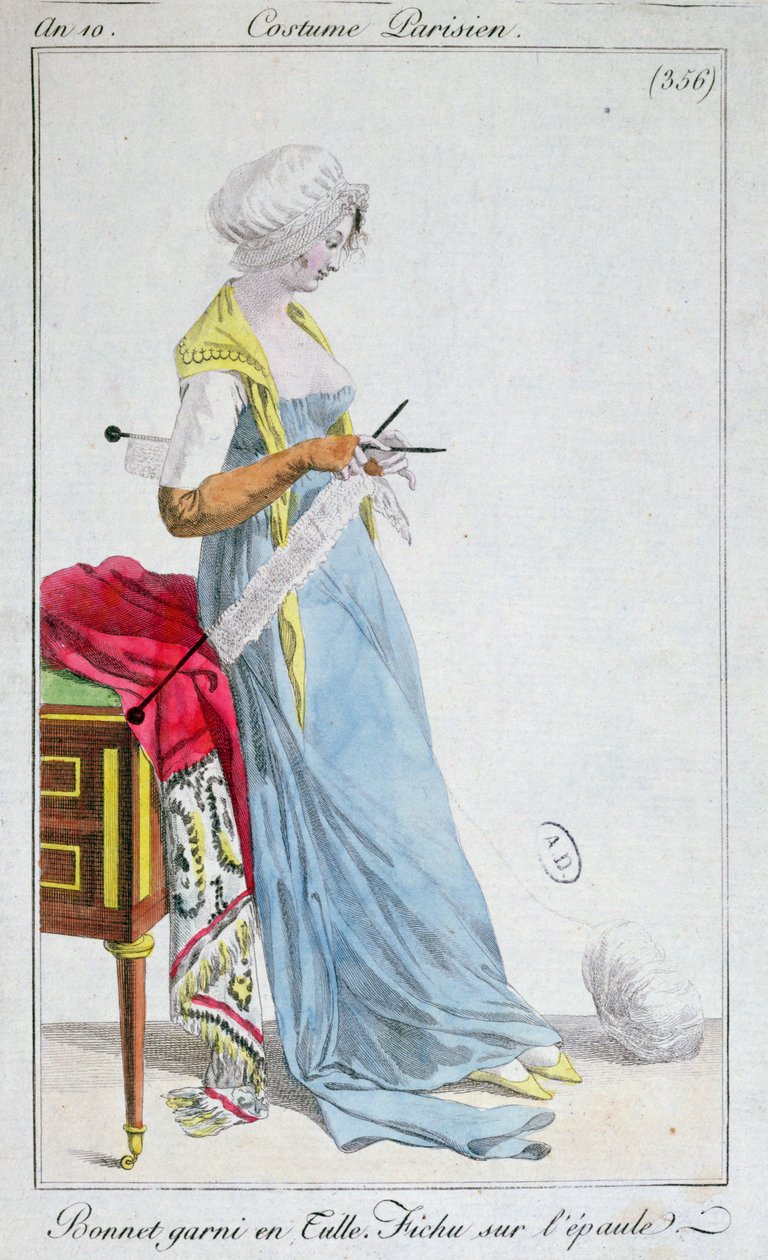 Párizsi jelmez: tüllel szegett motorháztető, vállán fichu, 1802 alkotó: French School