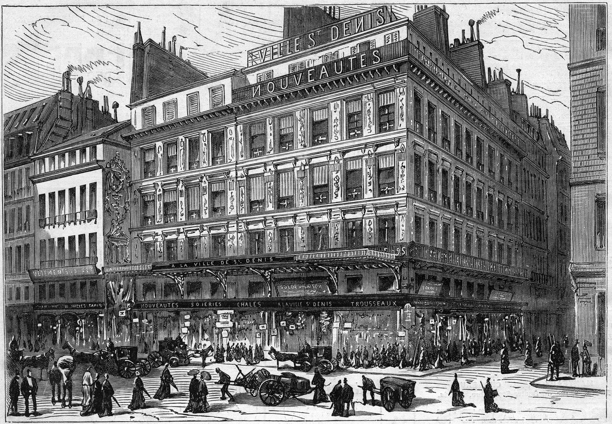 Párizsi áruházak: „Saint Denis városának” külső képe, a Rue Paradis Poissonniere és a Faubourg Sant Denis sarkán, Párizs alkotó: French School