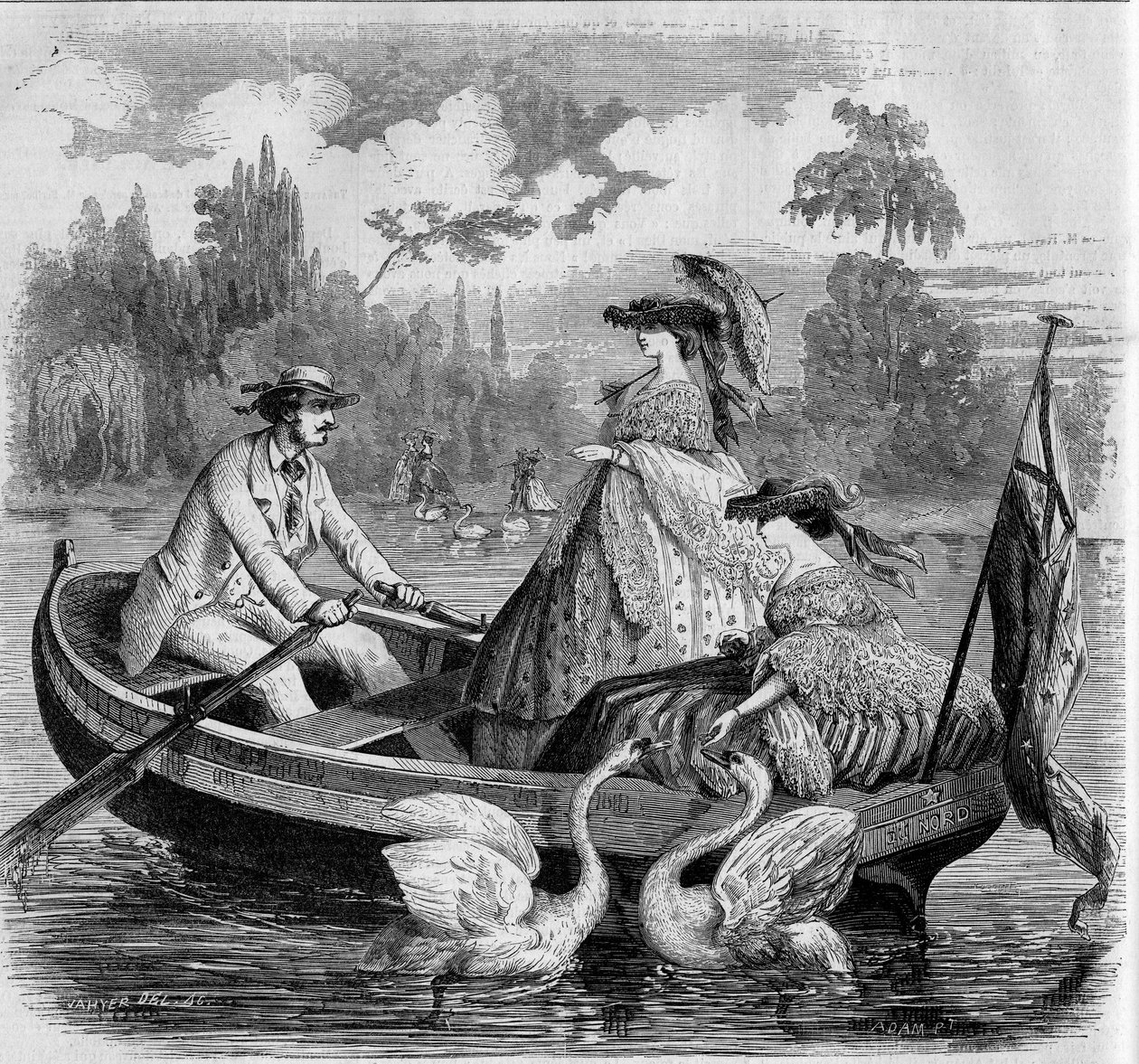 Párizsi módok, 1857 nyara: csónakázás a tavon. Metszet a „” Le Monde Illustré”” 24. számában, 1857. szeptember 26-án. alkotó: French School