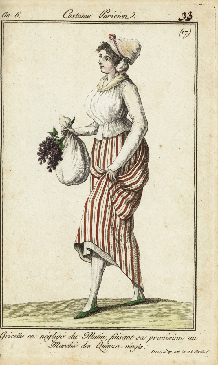 Párizsi boltos lány hétköznapi hajnali ruhában, 1798. március 26. (kézszínű rézmetszet) alkotó: French School