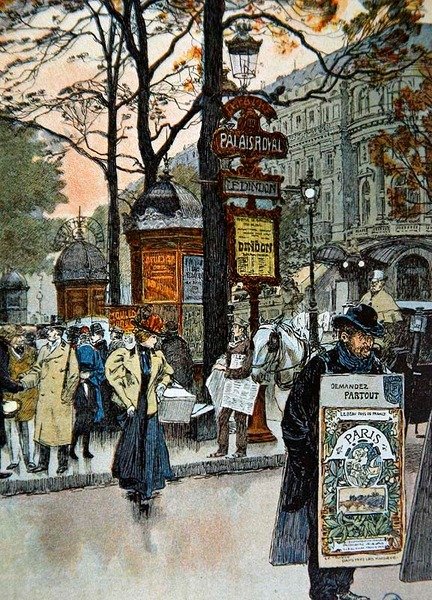 Párizsi utcakép a Palais-Royal metróállomás közelében, 1900 körül (színes litó) alkotó: French School