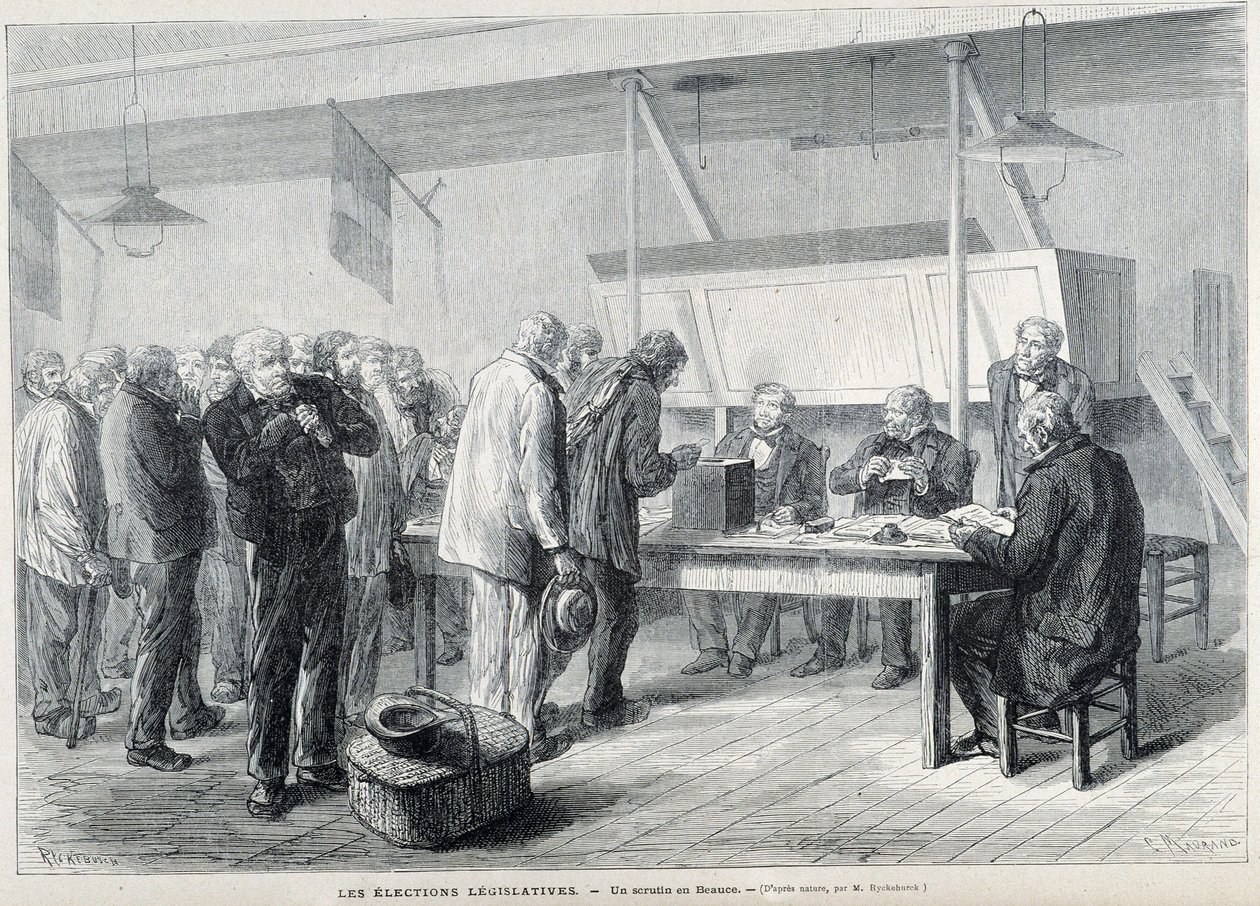Parlamenti választások: szavazóhelyiség Beauce-ban – a Le Monde Illustré-ben, 1876. március alkotó: French School