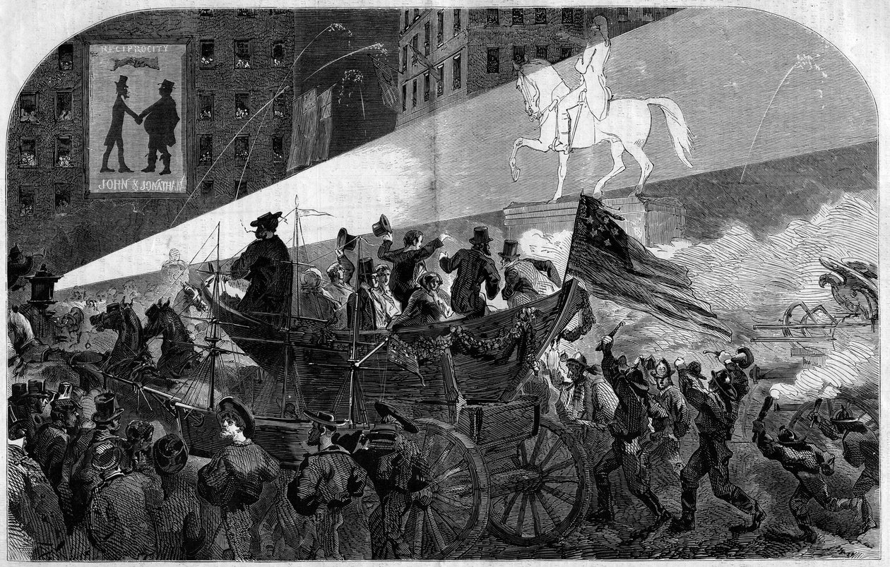 Buli New York (New York) utcáin, hogy megünnepeljük az Egyesült Államok (Egyesült Államok) és Anglia közötti transzatlanti távirati kábel 1858-as kiépítését. Metszet a „” Le Monde Illustré”” 79. számában, 1858. október 16.. alkotó: French School