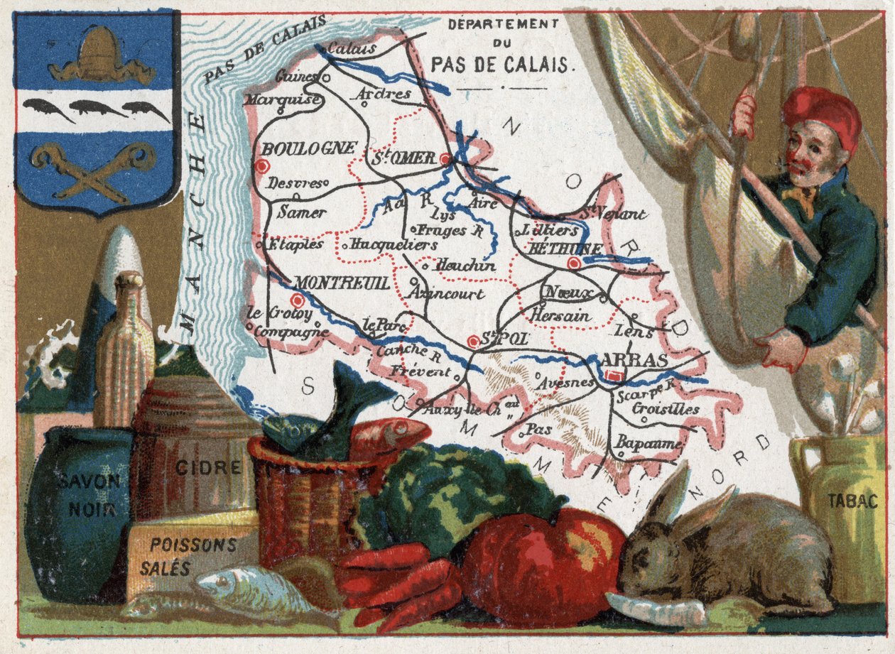 Pas de Calais (62), Nord Pas de Calais (Nord-Pas-De-Calais), Franciaország. Helyi specialitások: fekete szappan, piszkos hal, almabor és dohány. Sorozat a francia minisztériumokról. Kromolitográfia (Chromo) „” a földrajzi szál””, 1920 körül. Magángyűjtemén alkotó: French School