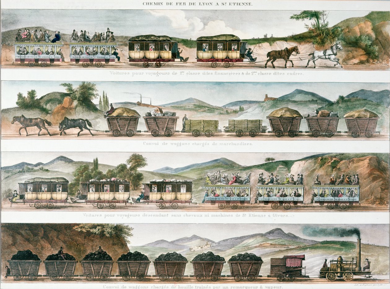 Utasok és teherszállítás a Lyon és St. Etienne között 1829-ben megnyílt első francia vonalon (színes litó) alkotó: French School