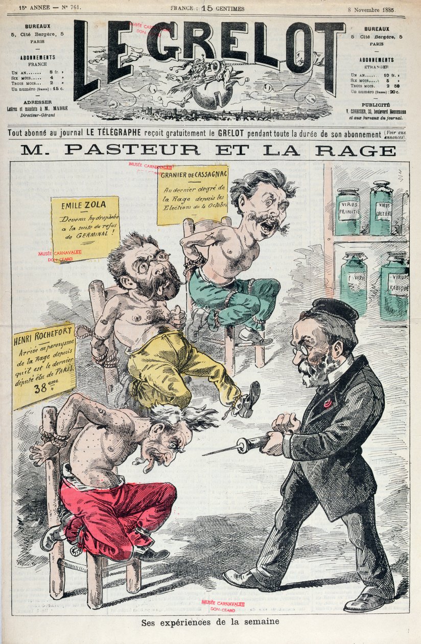 Pasteur és veszettség, Louis Pasteur (1822-95) kísérleteinek karikatúrája a Le Grelot-ból, 1885. november 8. alkotó: French School