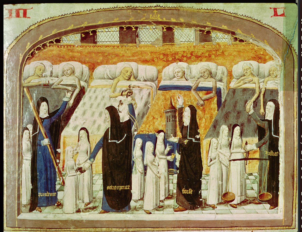 Betegek és apácák a párizsi Hotel Dieu Kórházban, Jean Henry Le Livre de Vie Active de lHotel Dieu-jából, 1482 körül alkotó: French School