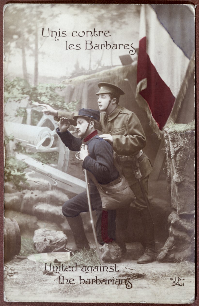 Hazafias képeslap az 1. világháborúból, egy francia és egy angol katonát együtt ábrázolva, 1915 körül alkotó: French School