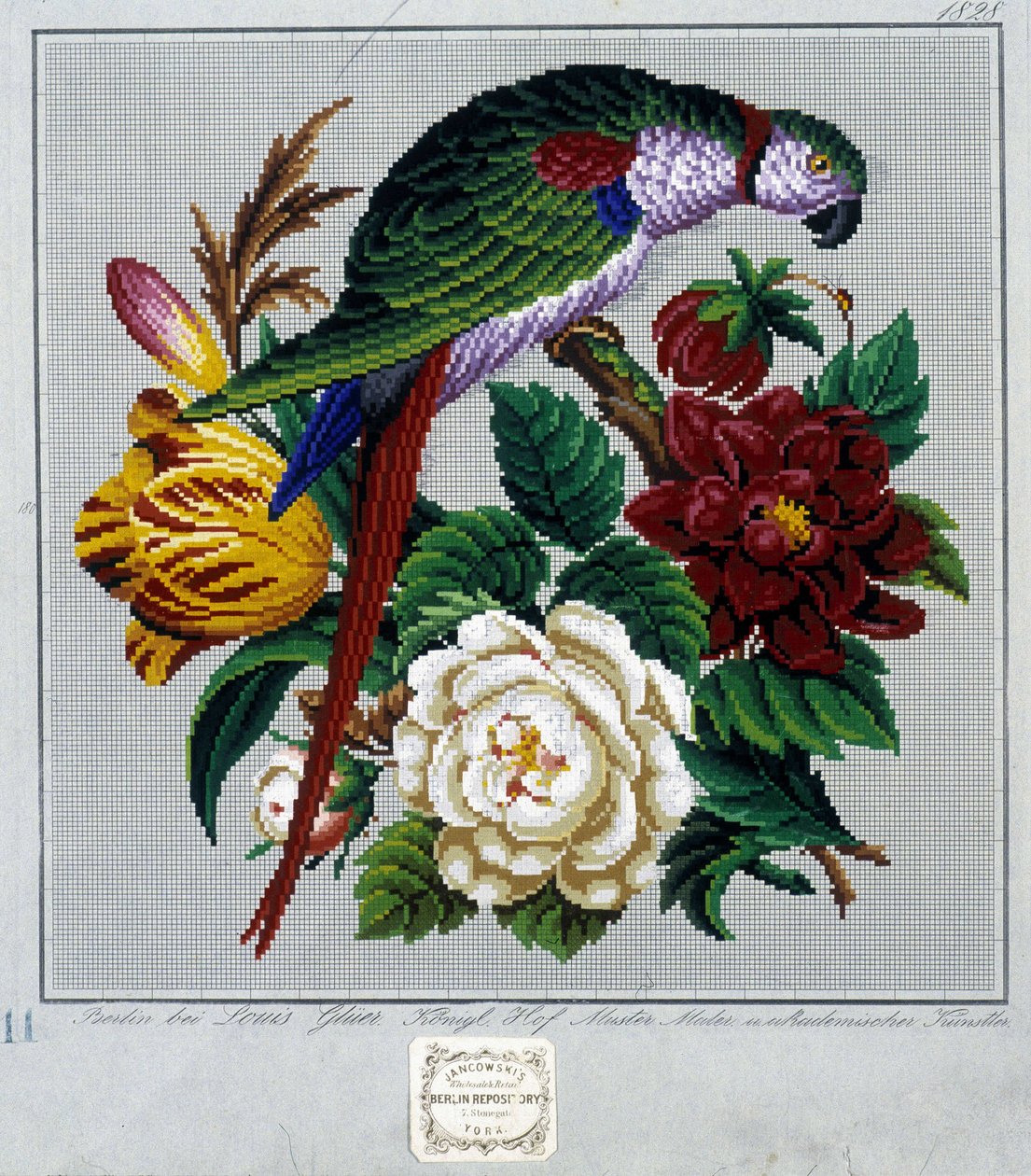 Keresztszemes hímzésminta (papagáj) – a „Journal des Demoiselles” 1852-ben. alkotó: French School