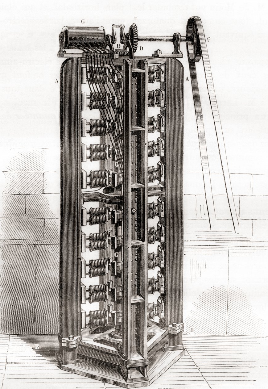Paul-Gustave Froment függőleges elektromotorja, 1844 körül, a Les Merveilles de la Science-ből, megjelent 1870 körül (metszet) alkotó: French School