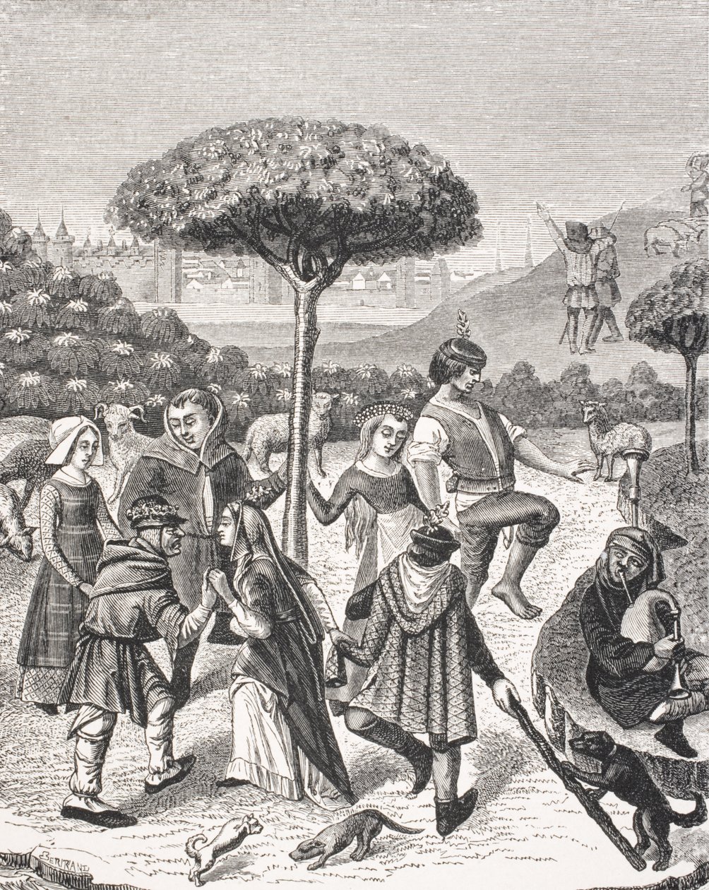 Paraszttáncok a májusi ünnepeken, egy 15. századi imakönyv miniatűrje után, Paul Lacroix (1806-84) „Le Moyen Age et La Renaissance” című művéből, 1847-ben megjelent alkotó: French School
