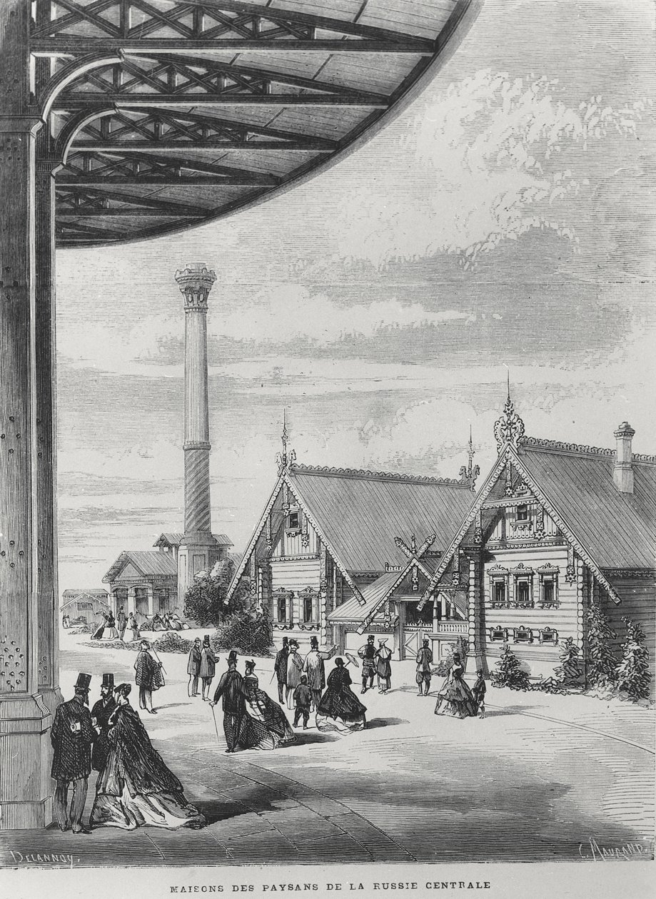 Parasztházak az 1867. évi Exposition Universelle orosz pavilonjában (litho) alkotó: French School