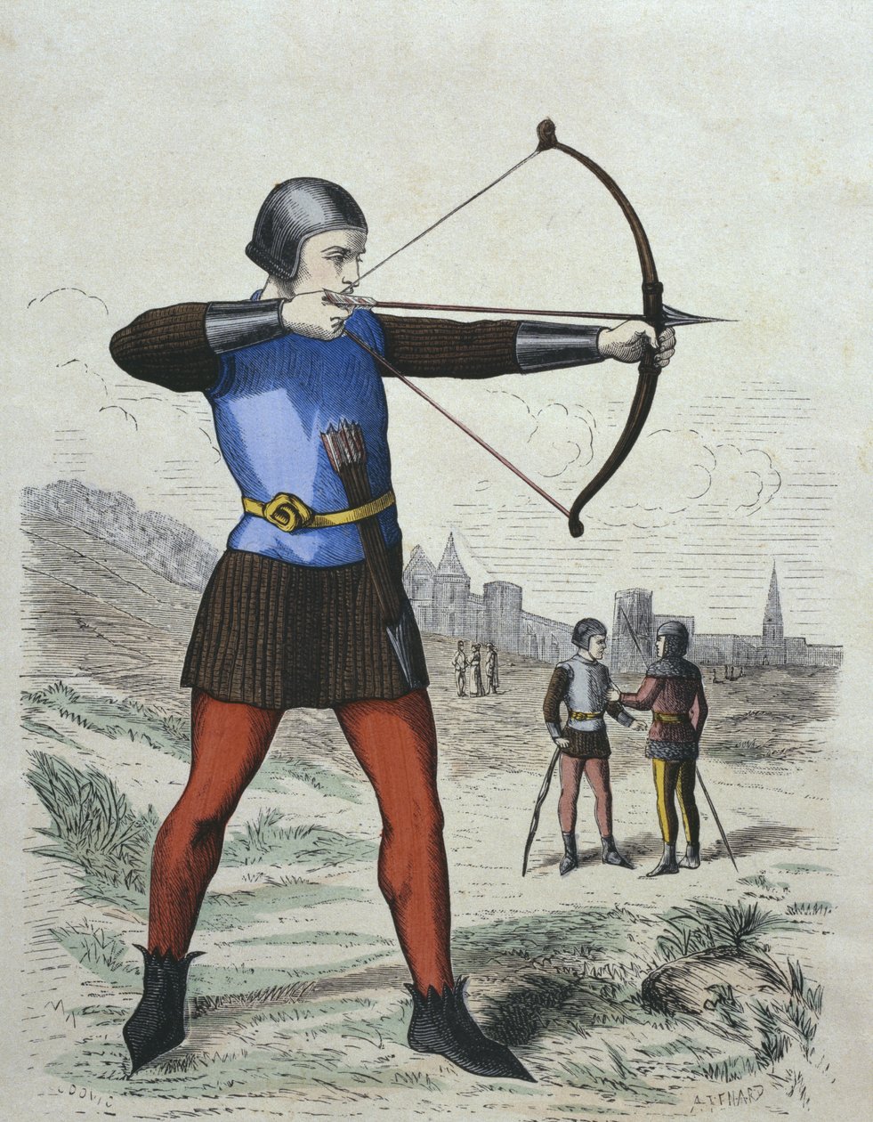 Gyalogos íjász a 13. században, illusztráció a Costumes de Paris a travers les sieclesből, H. Gourdon de Genouillac, metszett A. Renard (XIX. század) (színes metszet) alkotó: French School