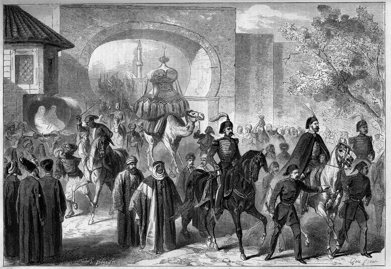 Mekkai Pelerinage: induljon el a karaván Konstantinápolyból, hogy ajándékokat vigyen a Kába templomába (Kaaba vagy Kába) alkotó: French School
