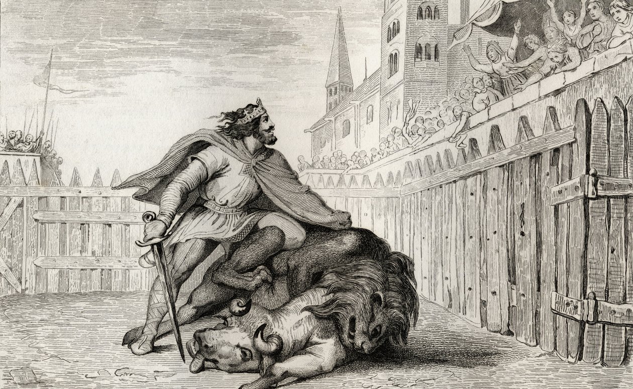 III. Pepin (714-68) a rövidke az oroszlánnal és a bikával, Colart „Histoire de France” című művéből, 1840 körül megjelent alkotó: French School