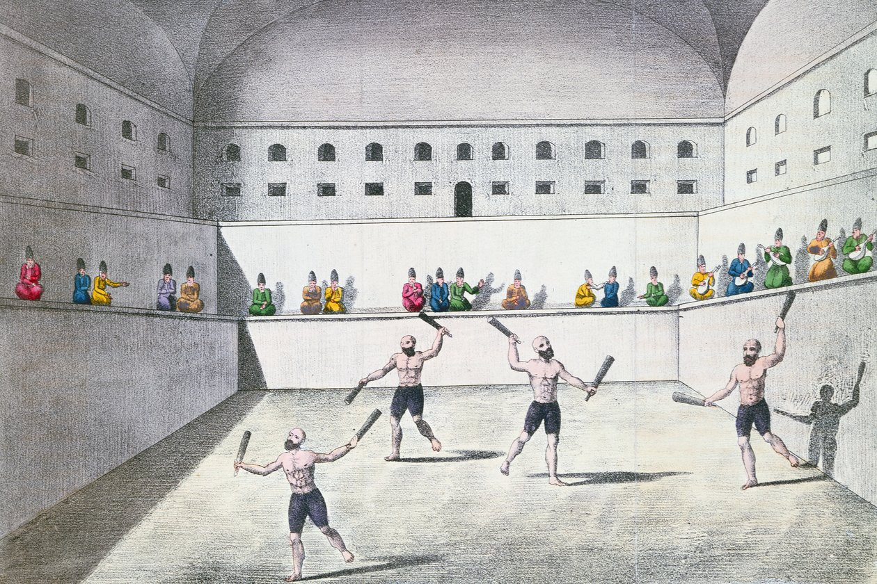 Gymnasiumban gyakorló perzsa atléták, 1820 körül (színes metszet) alkotó: French School