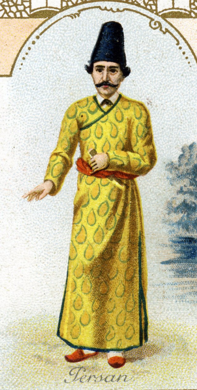 perzsa férfi. A párizsi litográfia kiadása, 19. század vége. 25 reklámkrómból álló sorozat a dijoni Pernot keksz gyártásához, 1869-ben. A karakterek részlete népviseletben alkotó: French School